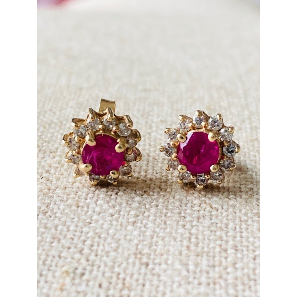 14k Solid Gold Genuine Ruby Diamond Earrings - image 3